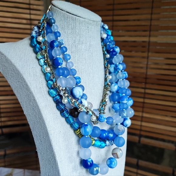 5 Strand Blue Acrylic Bauble Stone Rhinestone & Fabric Beaded Unsigned Necklace - Picture 1 of 12